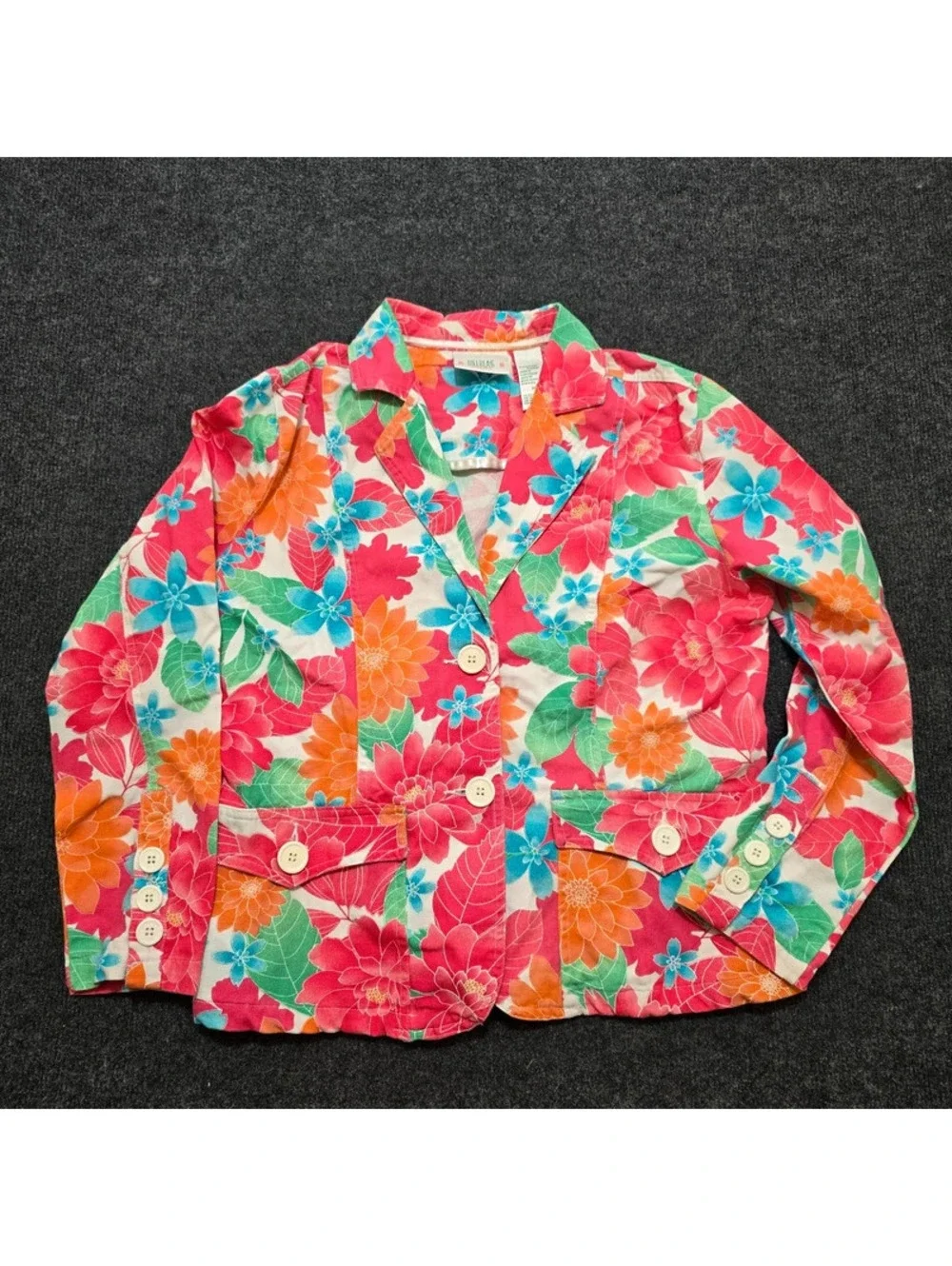 Vintage Bill Blass Floral Cotton Blazer Jacket White Buttons Flap Pockets M